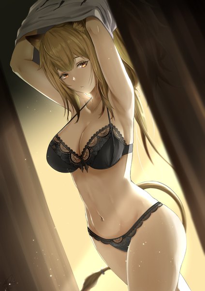 Anime picture 868x1228 with arknights siege (arknights) nev (nevblindarts) single long hair tall image looking at viewer fringe breasts light erotic hair between eyes brown hair large breasts standing animal ears yellow eyes payot indoors tail animal tail