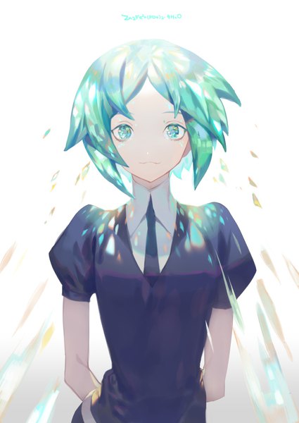 Anime picture 695x982 with houseki no kuni phosphophyllite yamakawa single tall image looking at viewer short hair simple background white background green eyes upper body green hair puffy sleeves hands behind back androgynous necktie