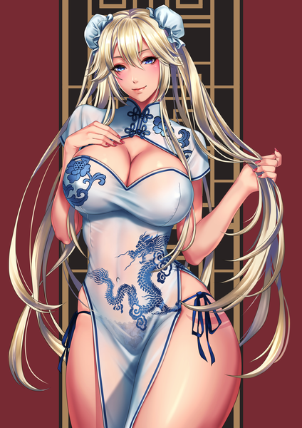 Anime picture 2829x4000 with original sadakage single long hair tall image looking at viewer blush fringe highres breasts blue eyes light erotic simple background blonde hair smile hair between eyes large breasts standing twintails payot