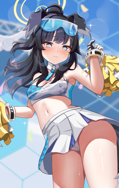 Anime picture 2354x3725 with blue archive hibiki (blue archive) hibiki (cheerleader) (blue archive) musson single long hair tall image blush highres blue eyes light erotic black hair animal ears sparkle from below midriff pantyshot embarrassed official alternate costume goggles on head