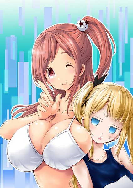 Anime picture 689x974 with dead or alive marie rose honoka (doa) mana12 long hair tall image looking at viewer blush breasts blue eyes light erotic blonde hair smile brown hair multiple girls brown eyes huge breasts one side up girl 2 girls