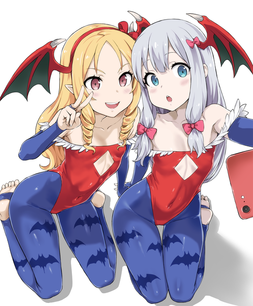 Anime picture 1200x1451 with eromanga sensei vampire / darkstalkers (game) a-1 pictures capcom izumi sagiri yamada elf asanagi long hair tall image blush breasts open mouth blue eyes light erotic simple background blonde hair smile white background sitting bare shoulders