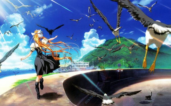 Anime picture 1680x1050 with air key (studio) kamio misuzu sora single long hair blonde hair wide image sky cloud (clouds) bent knee (knees) ponytail from behind sunlight back spread arms mountain running girl dress