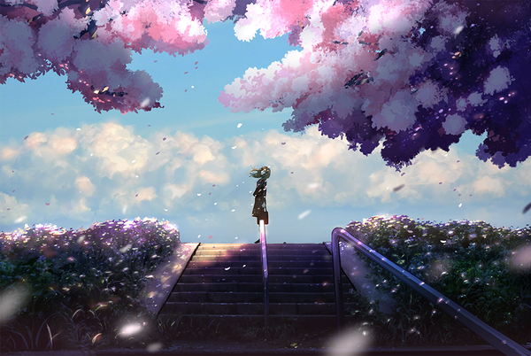 Anime picture 1000x671 with original mi ki mo9541 single long hair brown hair holding sky cloud (clouds) full body outdoors profile wind from below shadow cherry blossoms looking up girl skirt uniform flower (flowers)