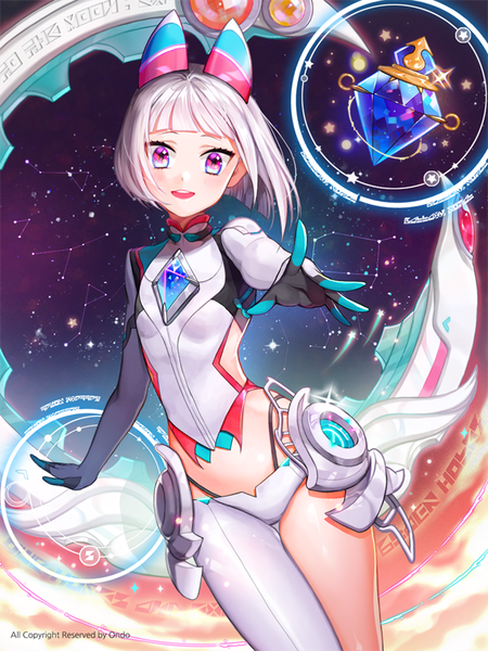 Anime picture 743x991 with original ondo (shinm02) single tall image looking at viewer blush fringe short hair open mouth standing silver hair pink eyes inscription night midriff night sky shiny skin outstretched arm space shiny
