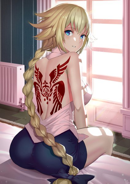 Anime picture 1414x2000 with fate (series) fate/apocrypha jeanne d'arc (fate) (all) jeanne d'arc (fate) kakeku single long hair tall image looking at viewer fringe breasts blue eyes light erotic blonde hair hair between eyes sitting bare shoulders signed bent knee (knees) indoors