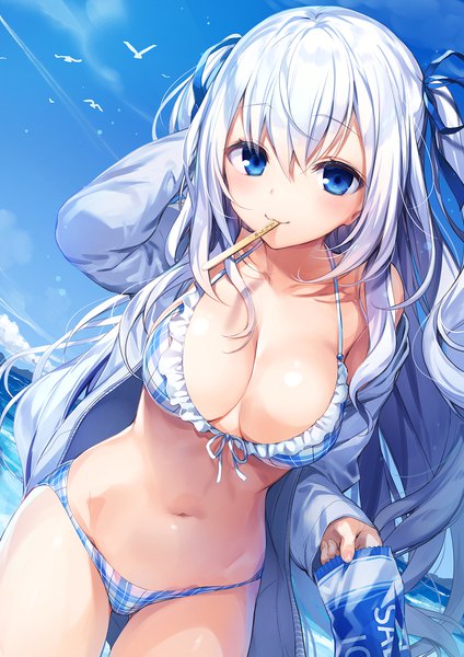 Anime picture 1400x1980 with original moe2018 komeshiro kasu single long hair tall image looking at viewer blush fringe breasts blue eyes light erotic smile hair between eyes large breasts standing holding payot sky cleavage