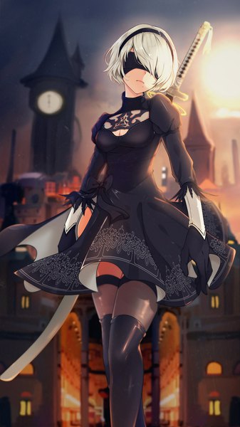 Anime picture 1080x1920 with nier nier:automata yorha no. 2 type b guanghe zuoyong de de yezi single tall image fringe short hair silver hair mole mole under mouth blindfold girl thighhighs dress gloves weapon black thighhighs sword black gloves