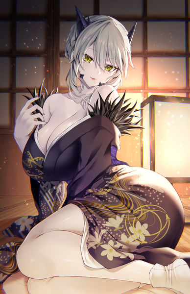 Anime-Bild 800x1237 mit fate (series) fate/grand order artoria pendragon (all) artoria pendragon (lancer alter) emanon123 single tall image looking at viewer fringe short hair breasts open mouth light erotic blonde hair smile hair between eyes large breasts sitting bare shoulders yellow eyes