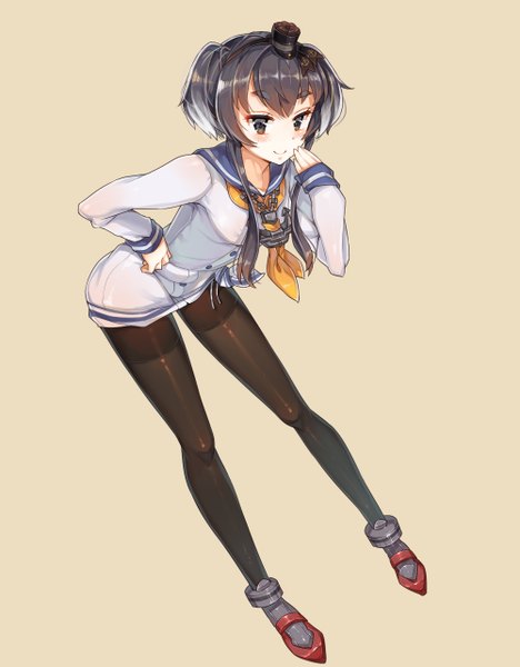 Anime picture 1000x1280 with kantai collection tokitsukaze destroyer may (2747513627) single tall image looking at viewer blush fringe short hair black hair simple background smile black eyes hand on hip eyebrows brown background girl hair ornament hat pantyhose