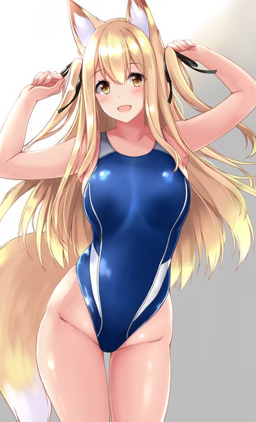 Anime picture 1250x2050 with original sogaya single long hair tall image looking at viewer blush fringe breasts open mouth light erotic simple background blonde hair hair between eyes large breasts standing bare shoulders animal ears yellow eyes payot