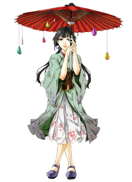 Anime picture 2552x3508 with original aya itsuki single tall image looking at viewer highres black hair smile standing twintails brown eyes full body traditional clothes japanese clothes fingernails wide sleeves low twintails transparent background animal print crossed legs (standing)