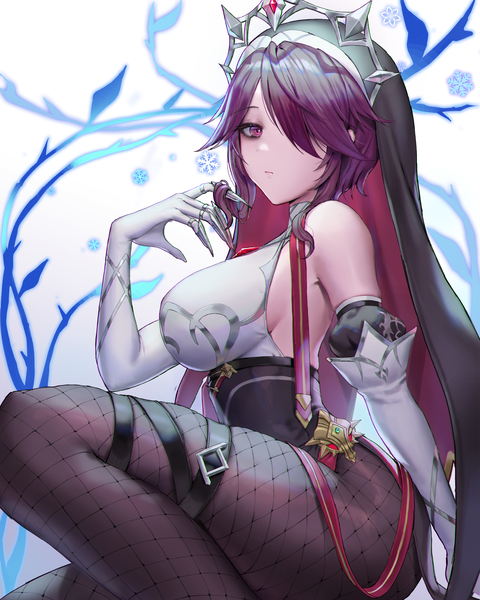 Anime picture 2500x3125 with genshin impact rosaria (genshin impact) jademoon single tall image looking at viewer fringe highres short hair breasts light erotic simple background large breasts white background sitting purple eyes purple hair bent knee (knees) hair over one eye nun