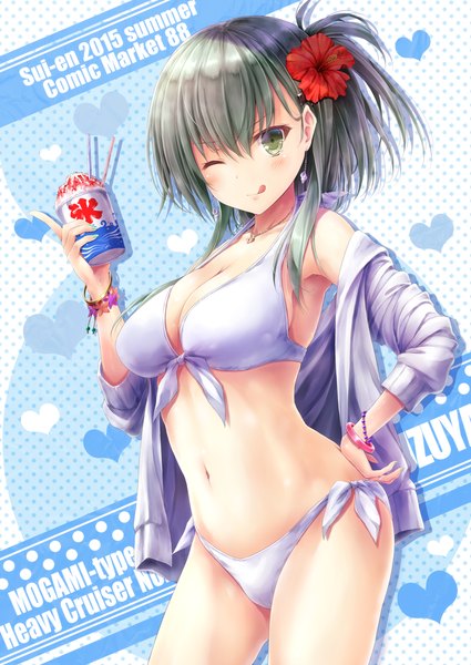 Anime picture 755x1067 with kantai collection suzuya heavy cruiser suien single long hair tall image looking at viewer blush light erotic smile green eyes one eye closed hair flower grey hair wink midriff girl navel hair ornament flower (flowers)