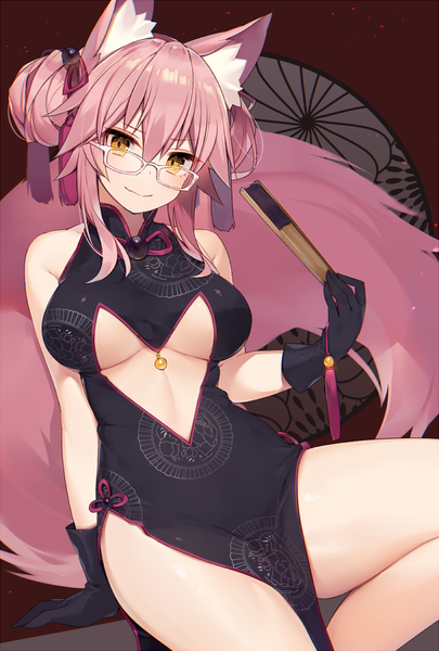 Anime picture 608x900 with fate (series) fate/grand order tamamo (fate) (all) koyanskaya muryotaro single long hair tall image looking at viewer blush fringe breasts light erotic simple background smile sitting bare shoulders holding animal ears yellow eyes