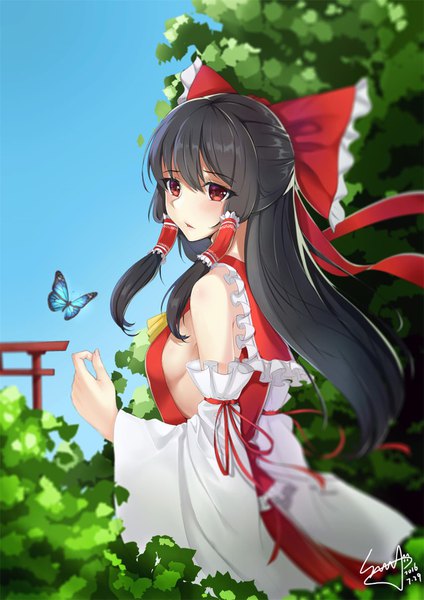 Anime picture 1066x1508 with touhou hakurei reimu pomie de sunny single long hair tall image blush fringe breasts light erotic black hair hair between eyes red eyes signed payot looking away parted lips blurry wide sleeves depth of field