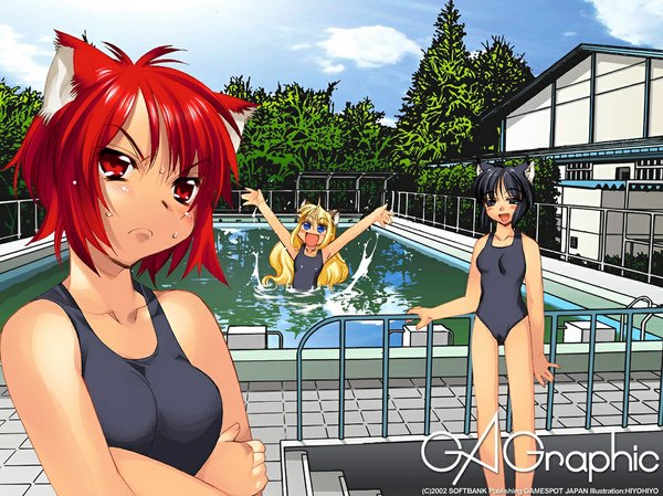 Anime picture 1075x806 with gagraphic hiyohiyo long hair short hair open mouth blue eyes light erotic black hair blonde hair red eyes multiple girls animal ears outdoors red hair :d black eyes cat ears cat girl partially submerged crossed arms