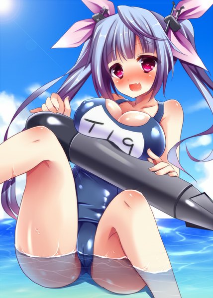 Anime picture 713x1000 with kantai collection i-19 submarine neon ui single long hair tall image looking at viewer blush breasts open mouth light erotic large breasts twintails blue hair pink eyes girl bow swimsuit hair bow water