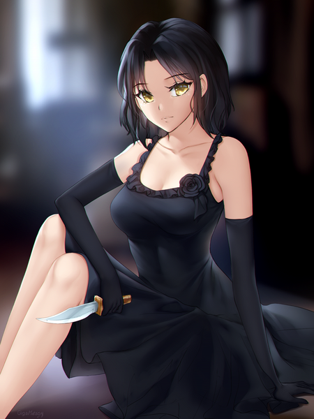Anime picture 750x1000 with baccano! chane laforet gigamessy single tall image looking at viewer fringe short hair breasts black hair hair between eyes sitting bare shoulders holding signed yellow eyes payot cleavage bent knee (knees) indoors