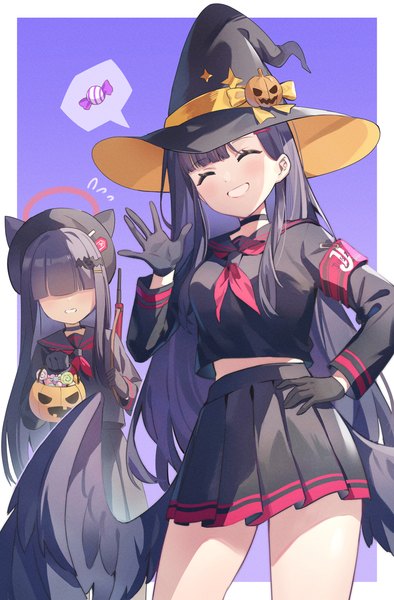 Anime picture 1075x1635 with blue archive ichika (blue archive) justice committee club member (blue archive) hoshiko (419401x) long hair tall image fringe black hair simple background smile multiple girls blunt bangs eyes closed pleated skirt hand on hip grin border halloween ^ ^ black wings