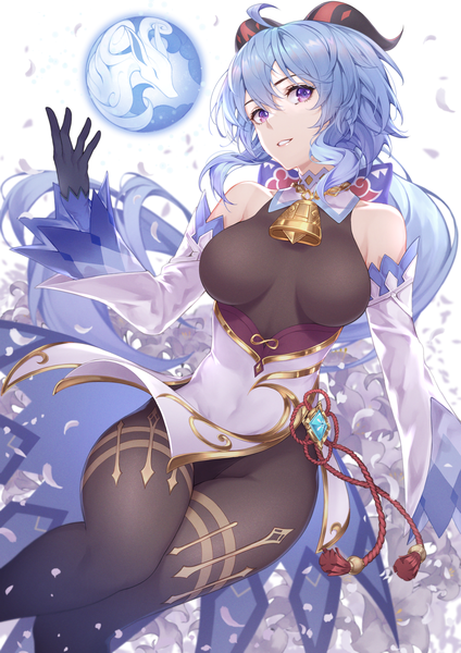 Anime picture 2171x3070 with genshin impact ganyu (genshin impact) scal2let single long hair tall image looking at viewer fringe highres breasts light erotic hair between eyes large breasts purple eyes blue hair ahoge horn (horns) bell collar girl gloves