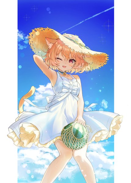 Anime-Bild 1036x1450 mit original sakuro single tall image looking at viewer short hair open mouth blonde hair red eyes animal ears sky cloud (clouds) tail animal tail one eye closed cat ears cat girl cat tail arm behind head ;d