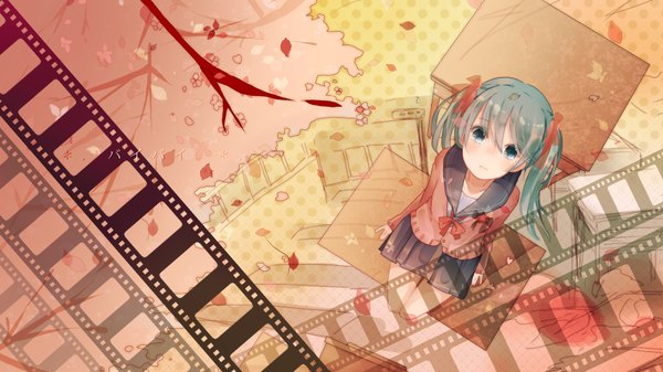 Anime picture 1920x1080 with vocaloid hatsune miku itamidome single highres blue eyes wide image twintails blue hair cherry blossoms looking up film strip girl skirt plant (plants) petals tree (trees) table