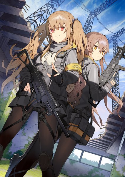 Anime picture 715x1010 with girls frontline ump45 (girls frontline) ump9 (girls frontline) kitada mo long hair tall image looking at viewer fringe blonde hair smile hair between eyes red eyes brown hair standing twintails multiple girls holding yellow eyes payot sky