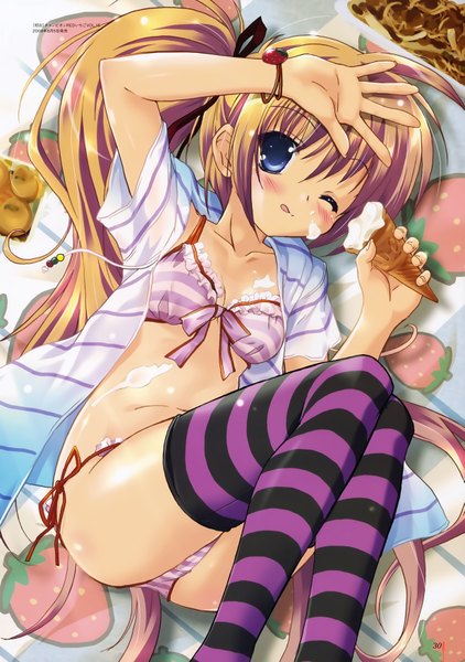 Anime picture 4924x7006 with original komatsu eiji single long hair tall image looking at viewer blush highres blue eyes light erotic blonde hair twintails absurdres one eye closed wink official art girl thighhighs swimsuit bikini