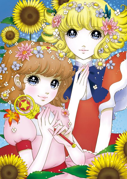 Anime picture 627x885 with hana no ko lunlun mahou shoujo lalabel toei animation lunlun lalabel d-gunhoo tall image looking at viewer fringe short hair blue eyes blonde hair brown hair multiple girls hair flower lips puffy sleeves pale skin crossover girl