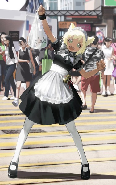 Anime picture 2567x4096 with original sara manta tall image highres short hair open mouth blonde hair smile standing green eyes animal ears full body arm up cat ears short sleeves maid solo focus street girl dress