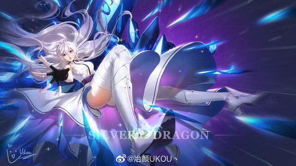 Anime picture 1600x900 with douluo continent gu yuena ye yan ukou single long hair looking at viewer fringe breasts light erotic hair between eyes wide image purple eyes signed silver hair full body ahoge bent knee (knees) :o high heels character names