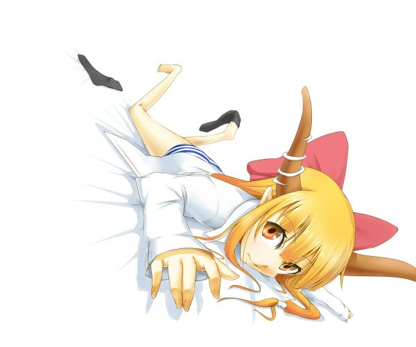 Anime picture 1200x1000 with touhou ibuki suika nishiuri (artist) long hair looking at viewer light erotic simple background blonde hair white background yellow eyes lying horn (horns) girl underwear panties bow hair bow shirt socks black socks