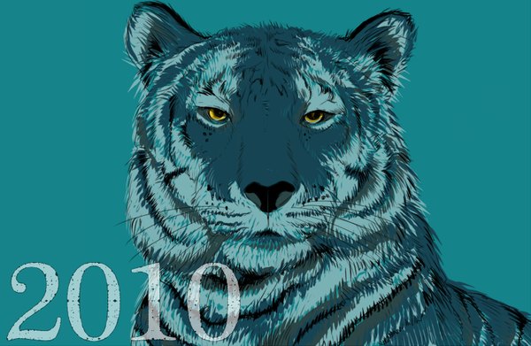 Аниме картинка 1630x1063 с оригинальное изображение yomomatsu tarou один (одна) смотрит на зрителя простой фон жёлтые глаза монохромное без людей новый год фон цвета морской волны 2010 животное тигр