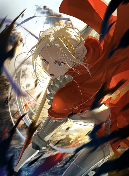 Anime picture 1000x1361 with fire emblem fire emblem: three houses fire emblem warriors: three hopes nintendo edelgard von hresvelg maze draws single long hair tall image looking at viewer open mouth purple eyes signed looking away silver hair twitter username serious girl weapon axe