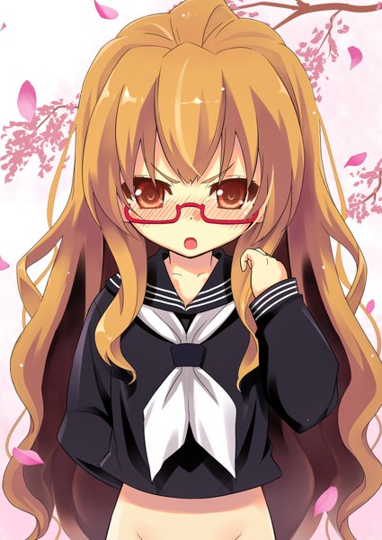 Anime picture 1446x2039 with toradora j.c. staff aisaka taiga osa (osaosa) single long hair tall image looking at viewer blush fringe open mouth light erotic brown eyes long sleeves embarrassed wavy hair eyebrows girl uniform petals