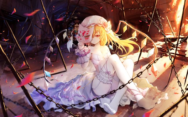 Anime picture 3500x2188 with touhou flandre scarlet niharu single looking at viewer fringe highres breasts light erotic blonde hair hair between eyes red eyes sitting bare shoulders absurdres no shoes one side up light girl thighhighs