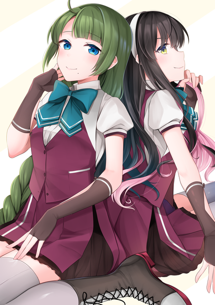 Anime picture 3000x4249 with kantai collection yuugumo destroyer naganami destroyer yuna (yukiyuna) long hair tall image highres blue eyes black hair sitting multiple girls yellow eyes ahoge profile multicolored hair green hair mole two-tone hair puffy sleeves colored inner hair