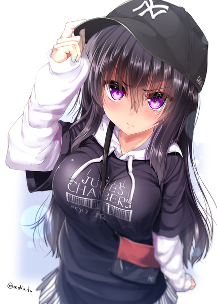 Anime-Bild 900x1259 mit original mokufuu single long hair tall image looking at viewer blush fringe breasts black hair simple background standing white background purple eyes signed long sleeves nail polish pleated skirt fingernails from above