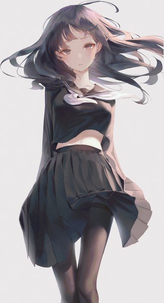 Anime picture 789x1450 with original seol single long hair tall image looking at viewer fringe black hair simple background standing brown eyes head tilt pleated skirt wind grey background bare belly thigh gap girl skirt uniform