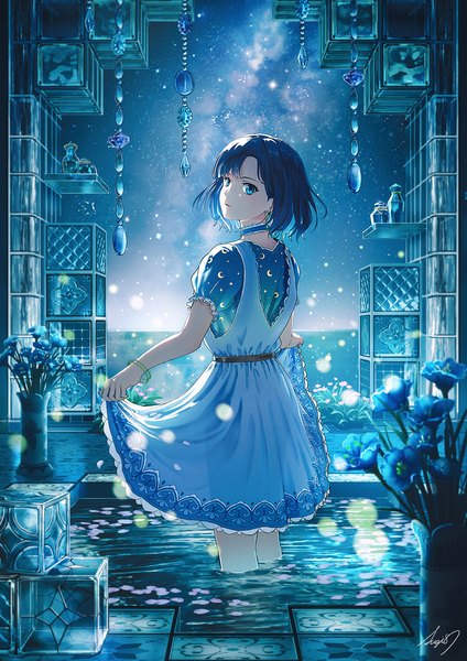 Anime-Bild 1240x1754 mit original sugi87 single tall image looking at viewer fringe short hair blue eyes black hair standing signed outdoors looking back from behind night short sleeves night sky partially submerged dress lift bob cut