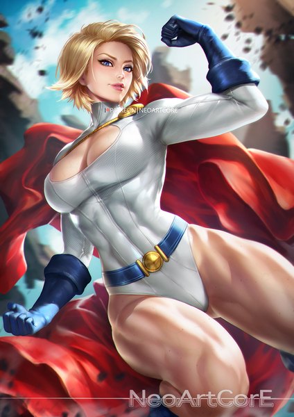 Anime picture 800x1132 with dc comics power girl nudtawut thongmai single tall image looking at viewer blush short hair breasts blue eyes light erotic blonde hair large breasts signed sky cleavage cloud (clouds) bent knee (knees) outdoors parted lips