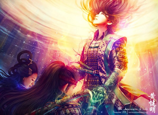 Anime picture 1000x731 with legend of the five rings mario wibisono (raynkazuya) long hair black hair multiple girls ponytail eyes closed profile lips realistic inscription magic holding hands light girl boy weapon 2 girls sword armor