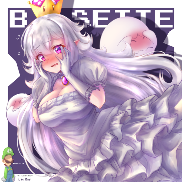 Anime picture 1080x1080 with super mario bros. new super mario bros. u deluxe princess king boo boo (mario) luigi ijac ray long hair blush fringe breasts hair between eyes large breasts purple eyes signed cleavage silver hair pointy ears embarrassed puffy sleeves frilled dress