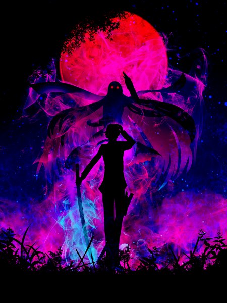 Anime picture 900x1200 with fate (series) fate/grand order oryou (fate) sakamoto ryouma (fate) harada miyuki tall image short hair red eyes standing holding full body very long hair night floating hair glowing glowing eye (eyes) fighting stance adjusting hat silhouette red moon