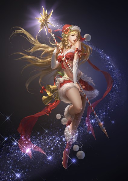 Anime picture 1131x1599 with league of angels amora (league of angels) rike lee single long hair tall image looking at viewer fringe breasts blue eyes light erotic blonde hair smile bare shoulders parted lips lips bare legs sparkle legs fur trim