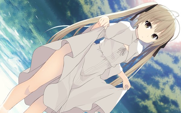 Anime picture 1920x1200 with yosuga no sora kasugano sora minase yuu single long hair looking at viewer highres twintails sky cloud (clouds) grey hair grey eyes girl dress ribbon (ribbons) hair ribbon