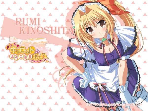 Anime picture 1600x1200 with pia carrot pia carrot e youkoso!! g.o. kinoshita rumi hinata mutsuki single long hair looking at viewer blush blonde hair brown eyes cleavage official art maid leaning wallpaper leaning forward copyright name character names hand on hip side ponytail