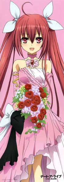 Anime picture 1414x4039 with date a live itsuka kotori single tall image looking at viewer blush open mouth red eyes twintails red hair very long hair scan official art girl dress flower (flowers) bow hair bow rose (roses) bouquet