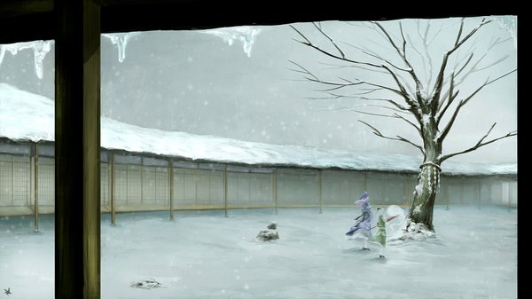 Anime picture 1920x1080 with touhou konpaku youmu saigyouji yuyuko myon rat1989 highres short hair wide image multiple girls pink hair white hair traditional clothes japanese clothes from behind snowing winter snow bare tree architecture east asian architecture